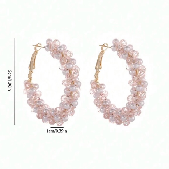 Elegant Pink and Gold Beaded Faux Pearl Hoop Earrings Lever Back Latch - Picture 3 of 3